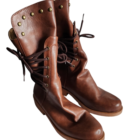 Women Brown Tan Leather Strappy Tie Back Zipper Studded Winter Boot/CN 38/US 7 - Picture 4 of 16